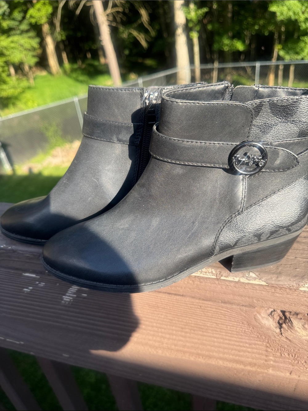 Coach Black Leather Ankle Booties with Logo Buckle